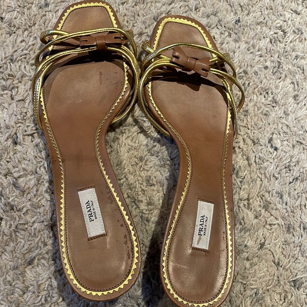 Prada kitten heel sandals with gold embellishments